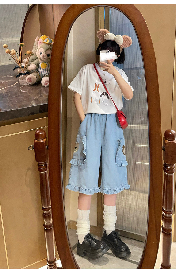 Naive – Embroidered Bear Denim Shorts pants Naive