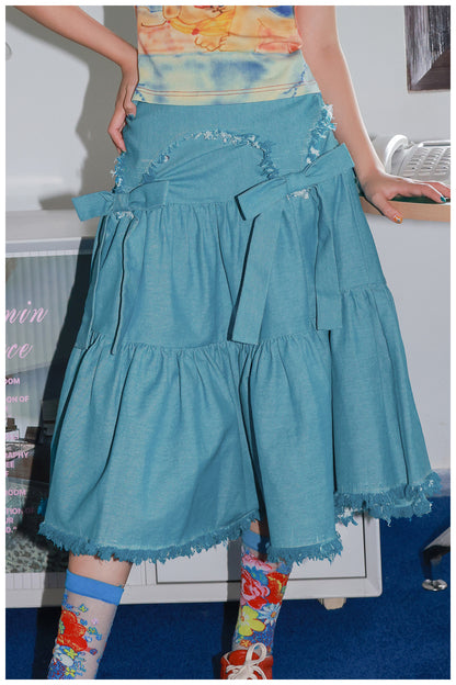 Tntntutu - Kawaii Blue Denim Bow Tassel Layered Skirt skirt tntntutu