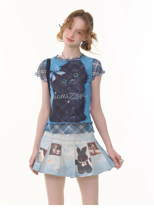 ziziFei - Girly Cat Print Mesh Layered T-Shirt