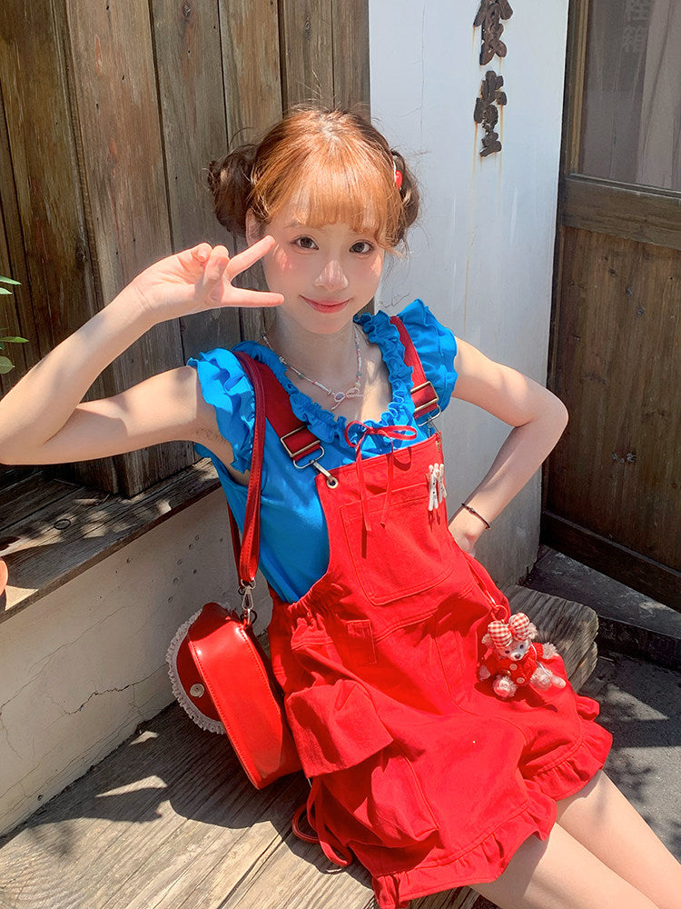 SINGSONG - Berry Bubble Colorblock Suspender Pants Set