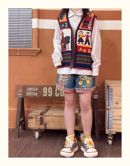 Robootoo - Embroidered High Waist Denim Shorts