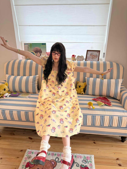 KaiXin Hostel - Bear Print Puff Sleeve Dress dress KaiXin hostel