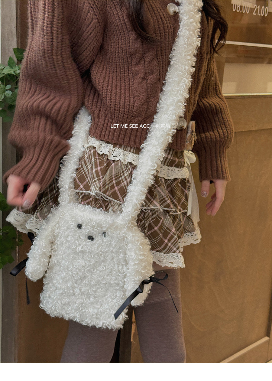 LET ME SEE - Plush Puppy Bow Crossbody Bag bag let me see White