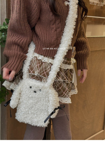 LET ME SEE - Plush Puppy Bow Crossbody Bag bag let me see White