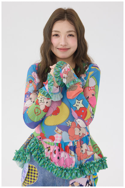 tntntutu - Cartoon Mesh Ruffle Top shirt tntntutu
