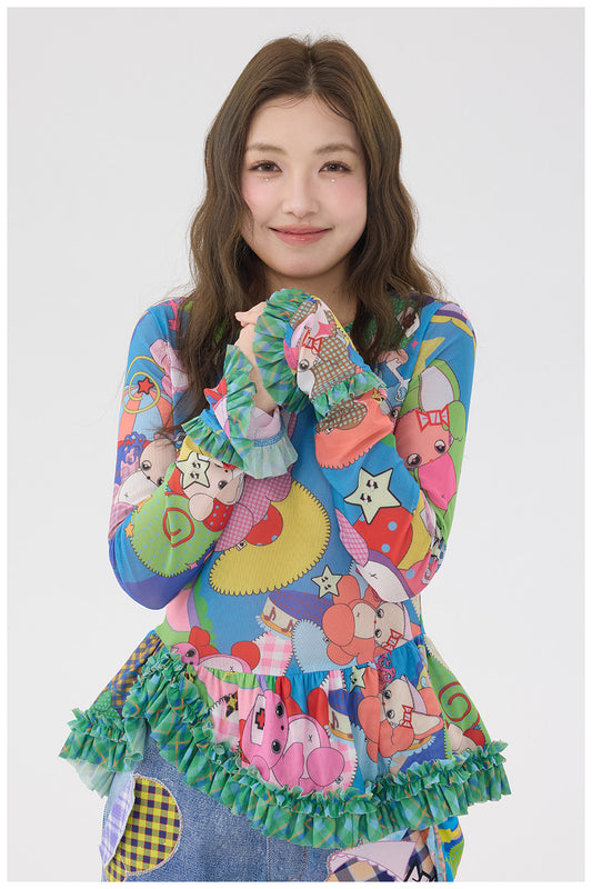 tntntutu - Cartoon Mesh Ruffle Top shirt tntntutu