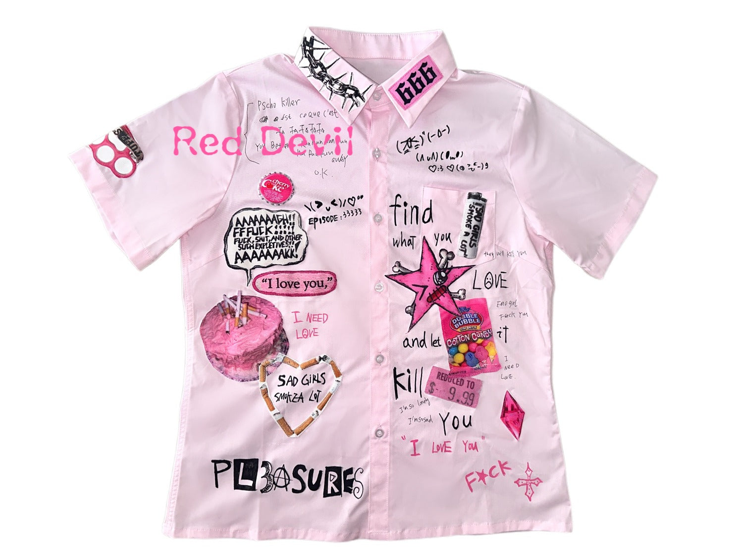 Red Devil Shirt Decora Kei T-shirt Pink Graffiti JK Short-Sleeve Shirt shirt Red Devil