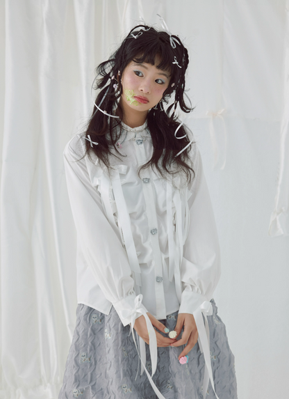 HELPHELP Harajuku Style Bow Ribbon Pleated Cute Metal Button Shirt