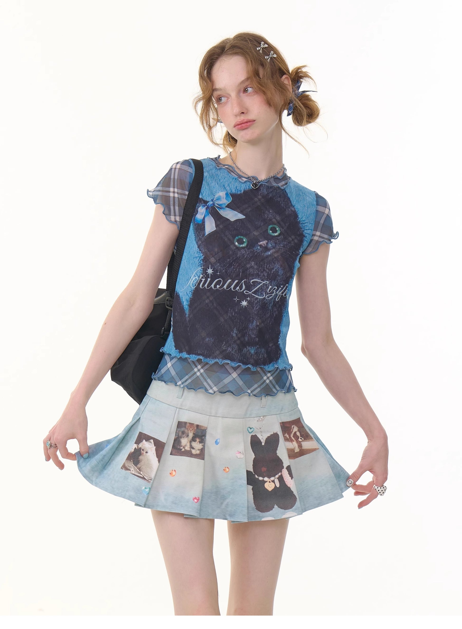 ziziFei - Girly Cat Print Mesh Layered T-Shirt tshirt ziziFei