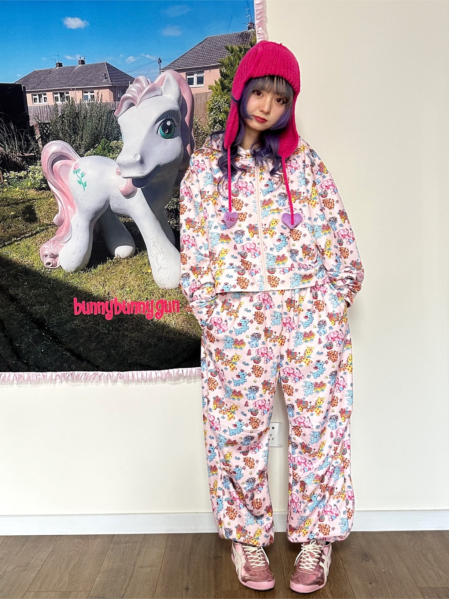 BunnyBunnyGun - Harajuku Vintage Animal Sweatpants Pink Fleece Loose pants bunnybunnygun