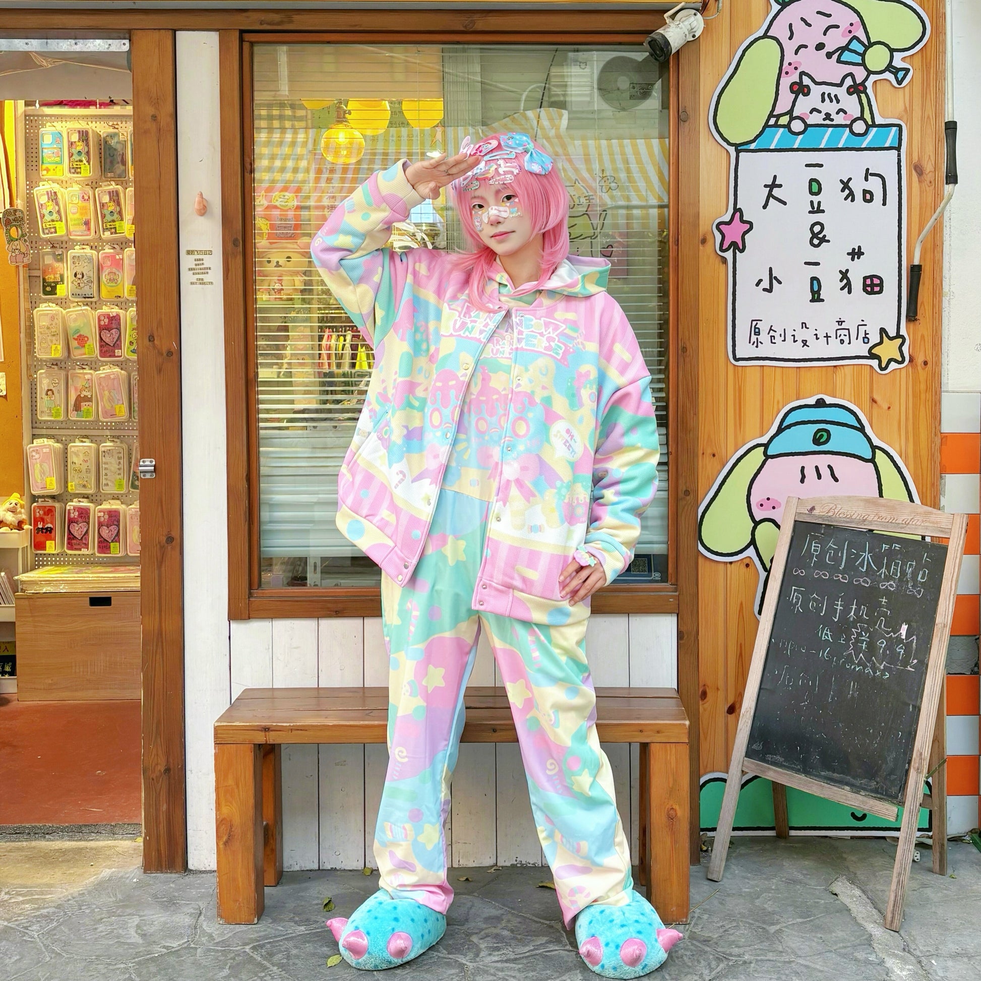Rainbow Universe RUX - Pastel Macaron Decora Kei Varsity Jacket & Overalls Set set Rainbow Universe RUX