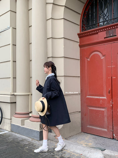 Lu Miao - Navy Bow Doll Collar Trench Coat Trench Lu miao