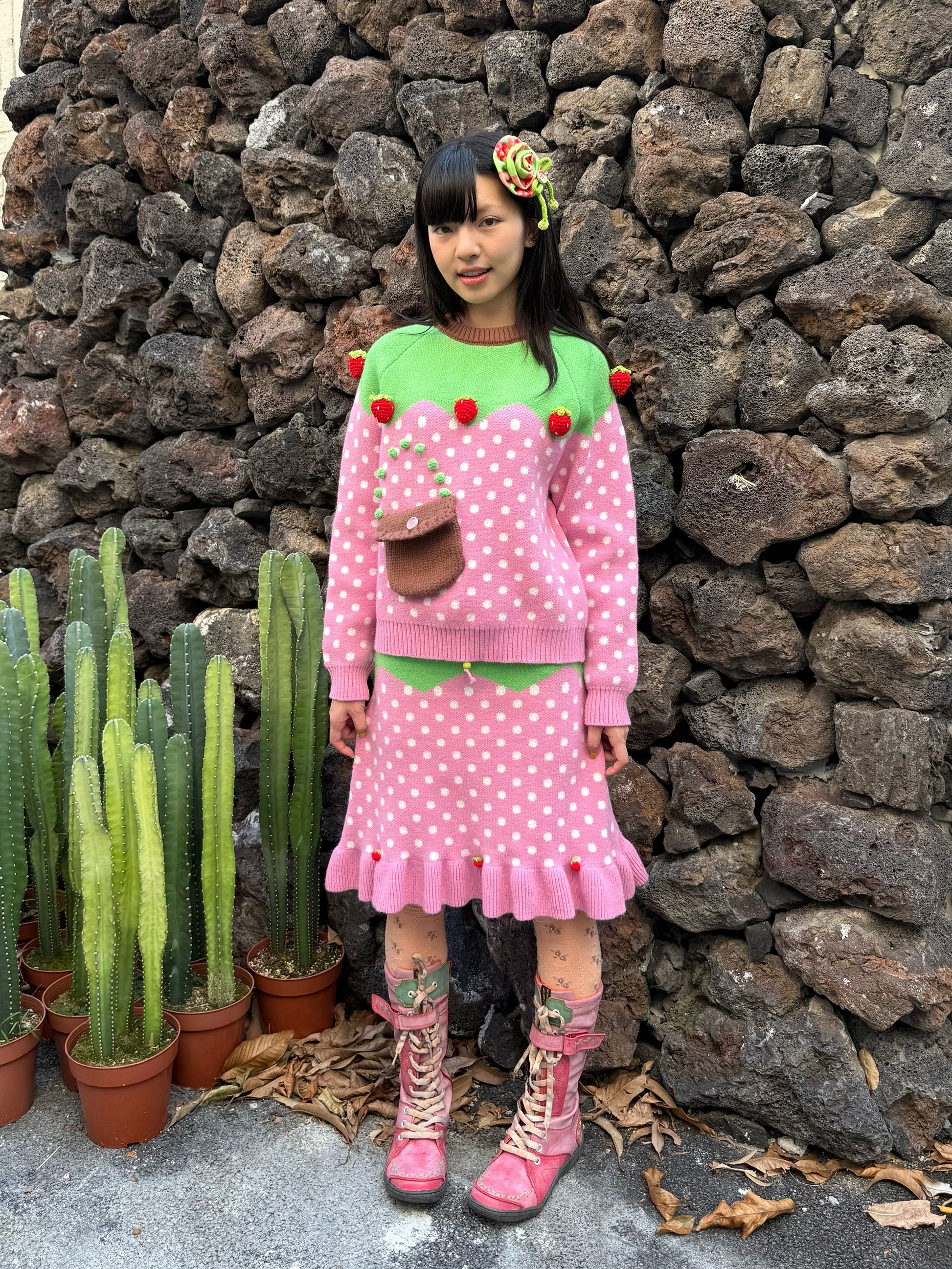 FRUITS - Kawaii Strawberry Polka Dot Knit Skirt skirt Fruits