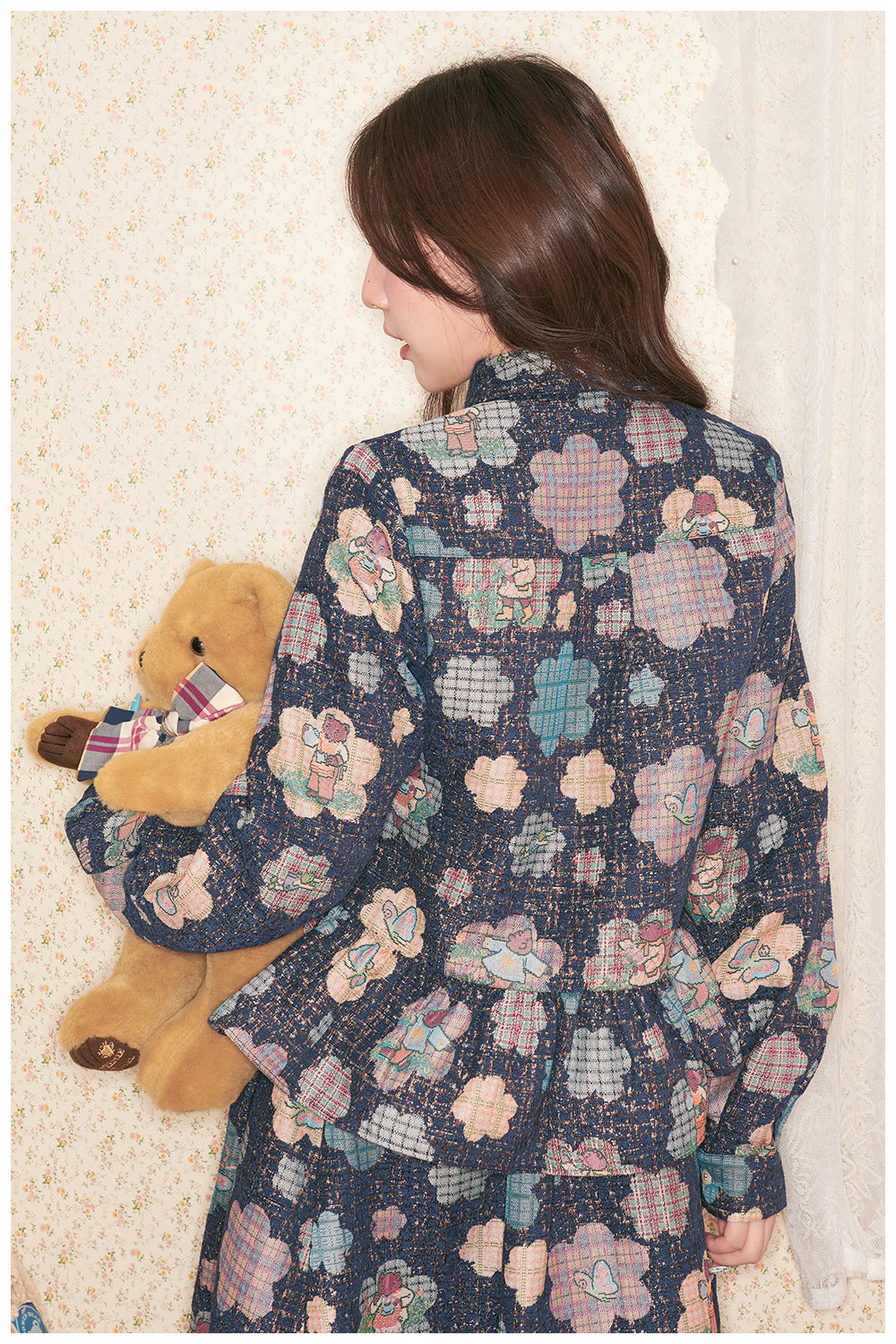tntntutu - Woven Flower Teddy Illustration Tweed Shirt Jacket Pants Skirt Set set tntntutu