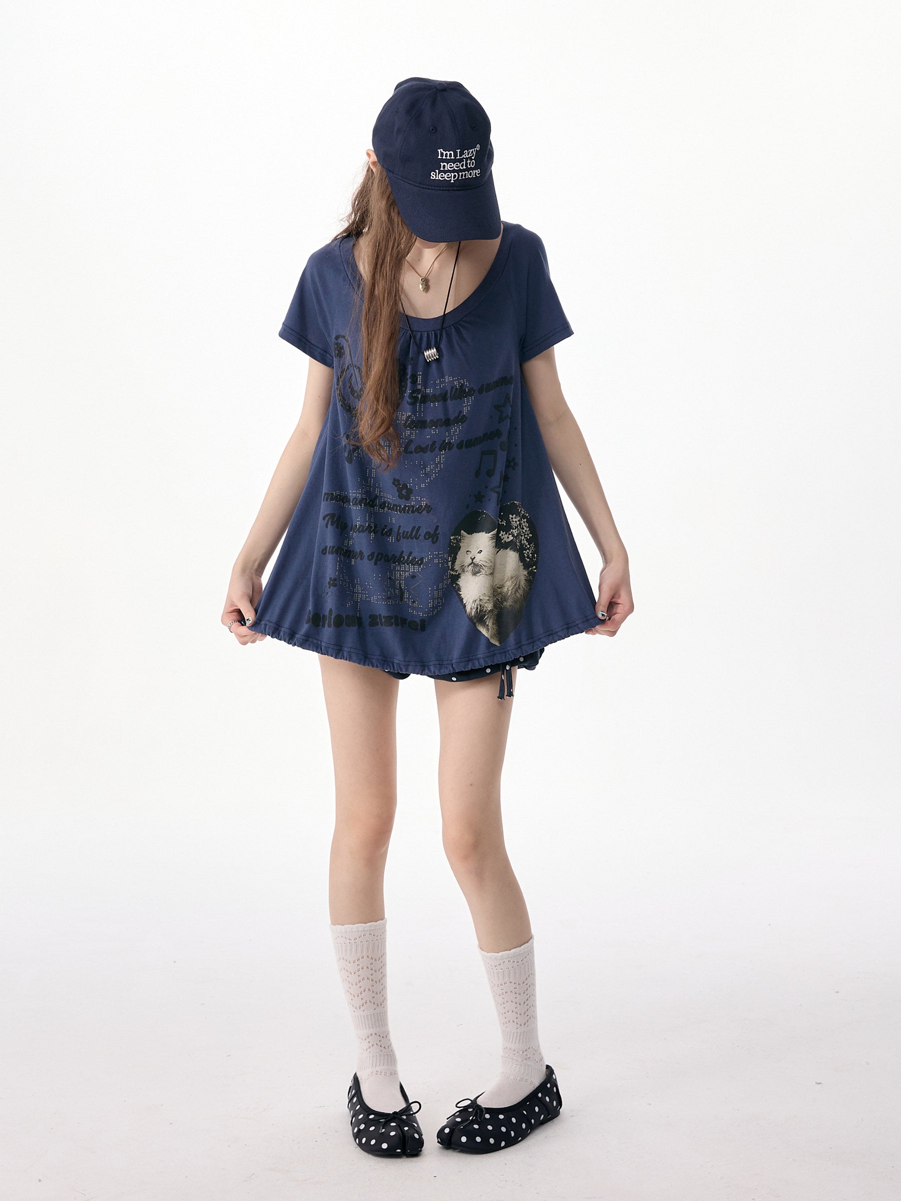 ziziFei - Blue Cat Print Drawstring Tee shirt ziziFei