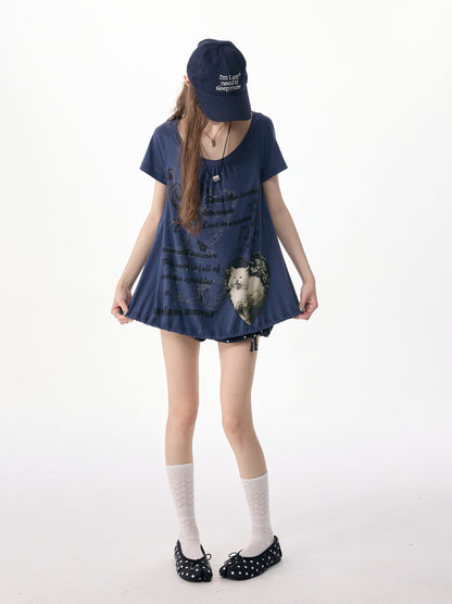 ziziFei - Blue Cat Print Drawstring Tee shirt ziziFei
