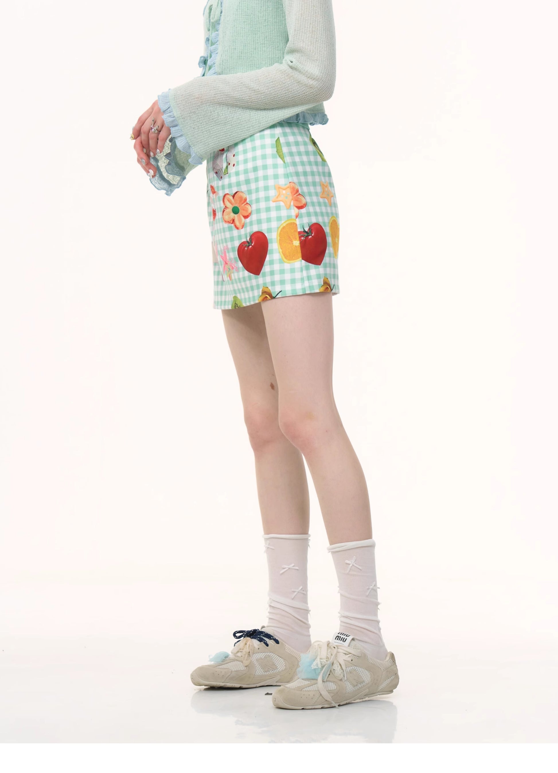 ziziFei - Girly Fruit Print Plaid High Waist Mini Skirt skirt ziziFei