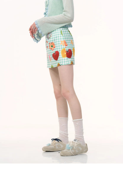 ziziFei - Girly Fruit Print Plaid High Waist Mini Skirt skirt ziziFei