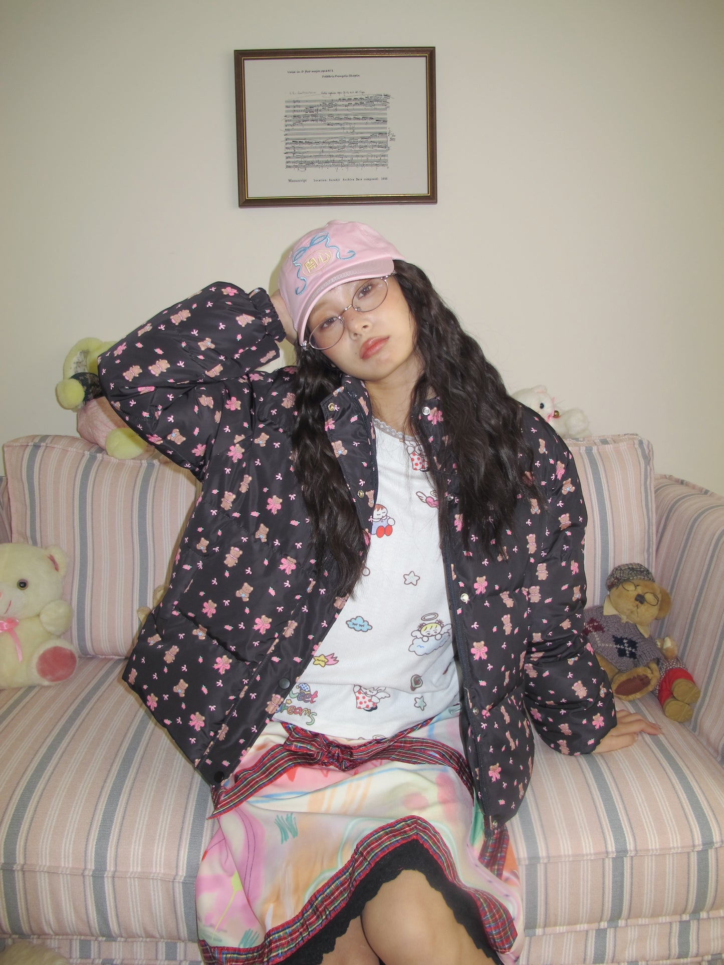 KaiXin Hostel Harajuku Black Winter Doll Floral Down Jacket with White Duck Down