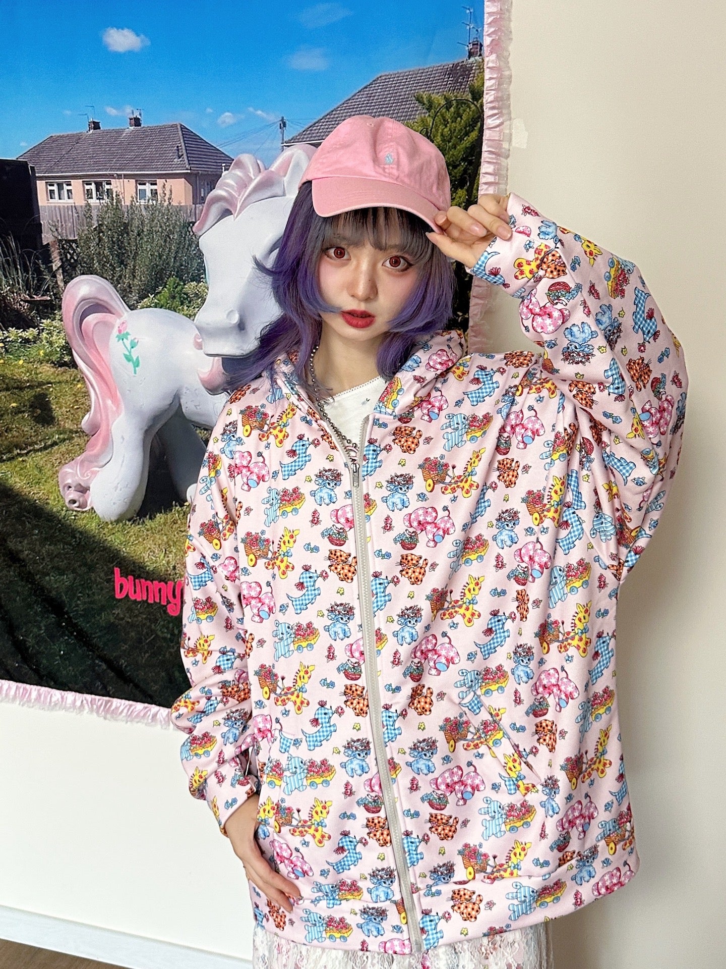 BunnyBunnyGun - Harajuku Vintage Animal Sweatshirt Pink Loose Fit hoodie bunnybunnygun