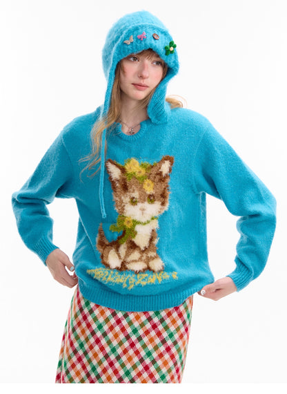 ziziFei – Girly Kei Blue Cat Knit Sweater sweater ziziFei