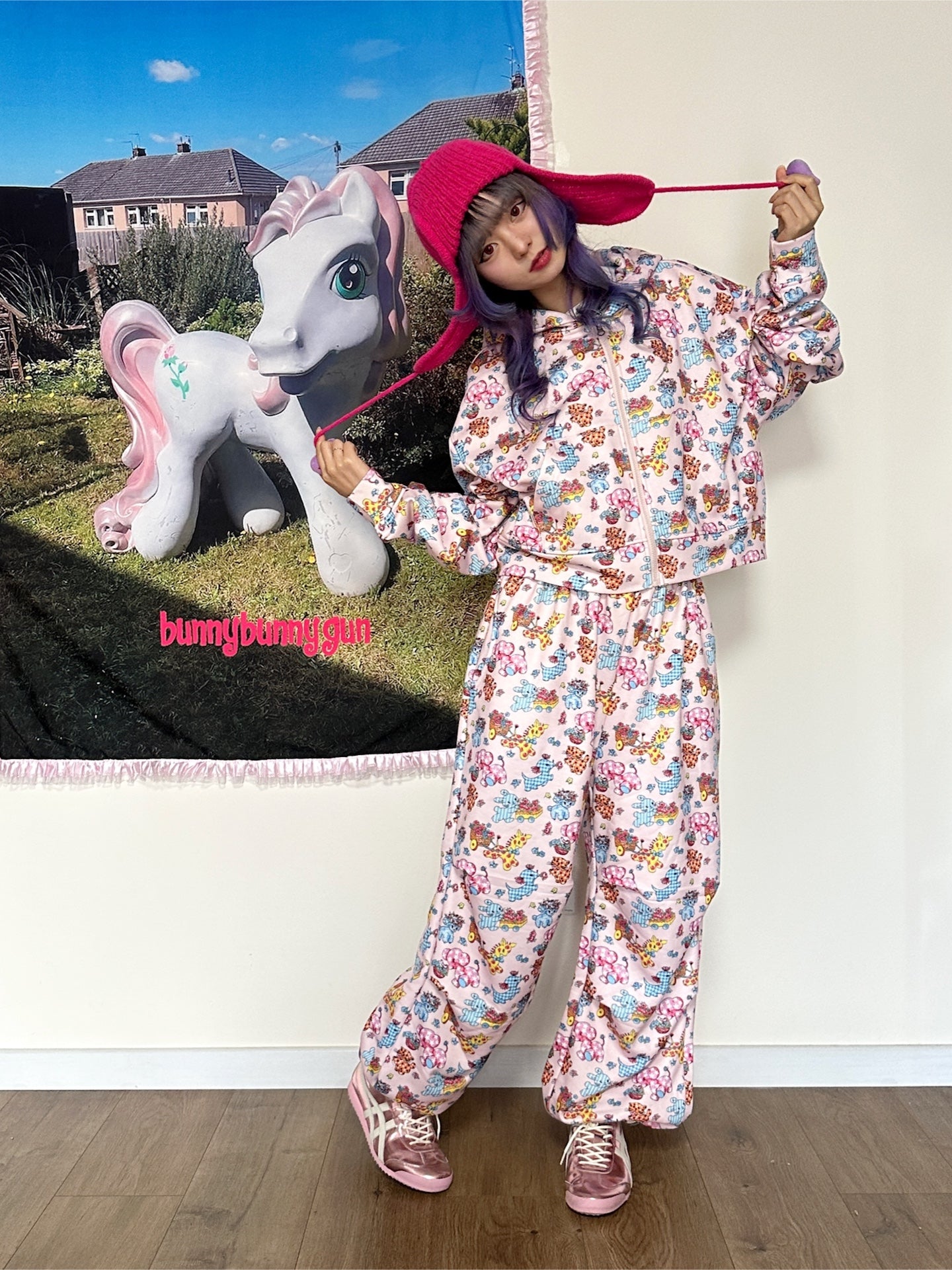 BunnyBunnyGun - Harajuku Vintage Animal Sweatpants Pink Fleece Loose pants bunnybunnygun