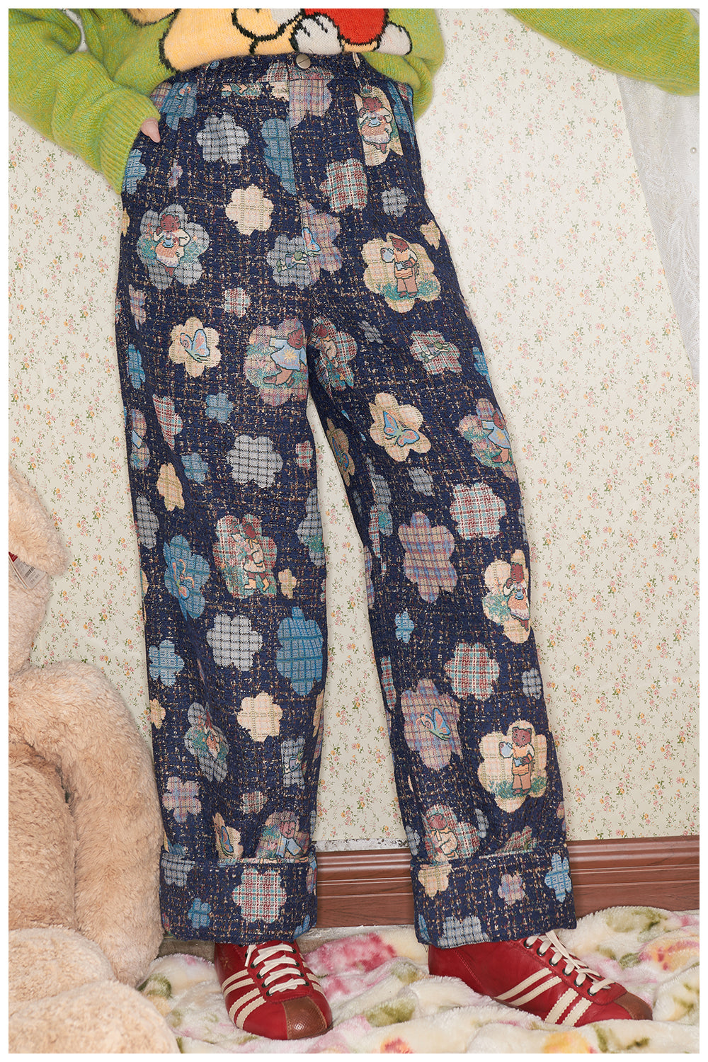 tntntutu - Woven Flower Teddy Illustration Tweed Shirt Jacket Pants Skirt Set set tntntutu