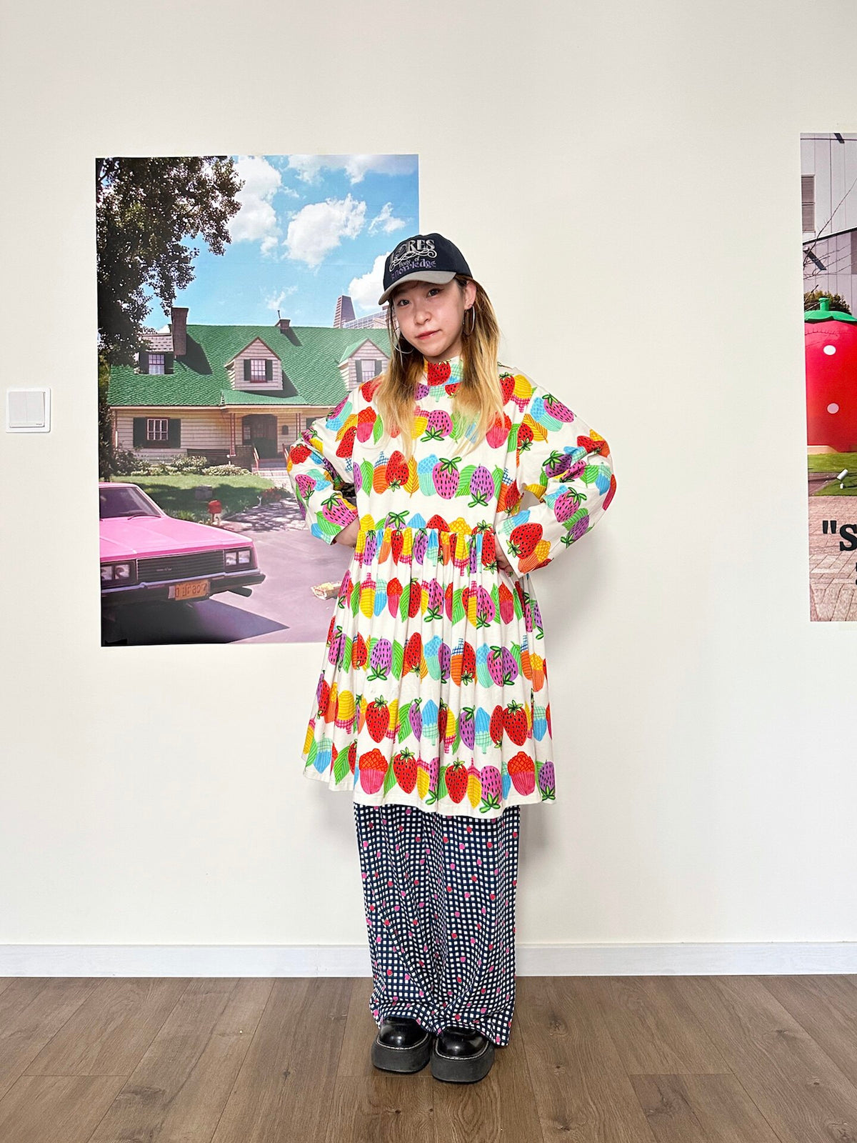 bunnybunnygun - Strawberry Print Relaxed Long-Sleeve Dress dress bunnybunnygun