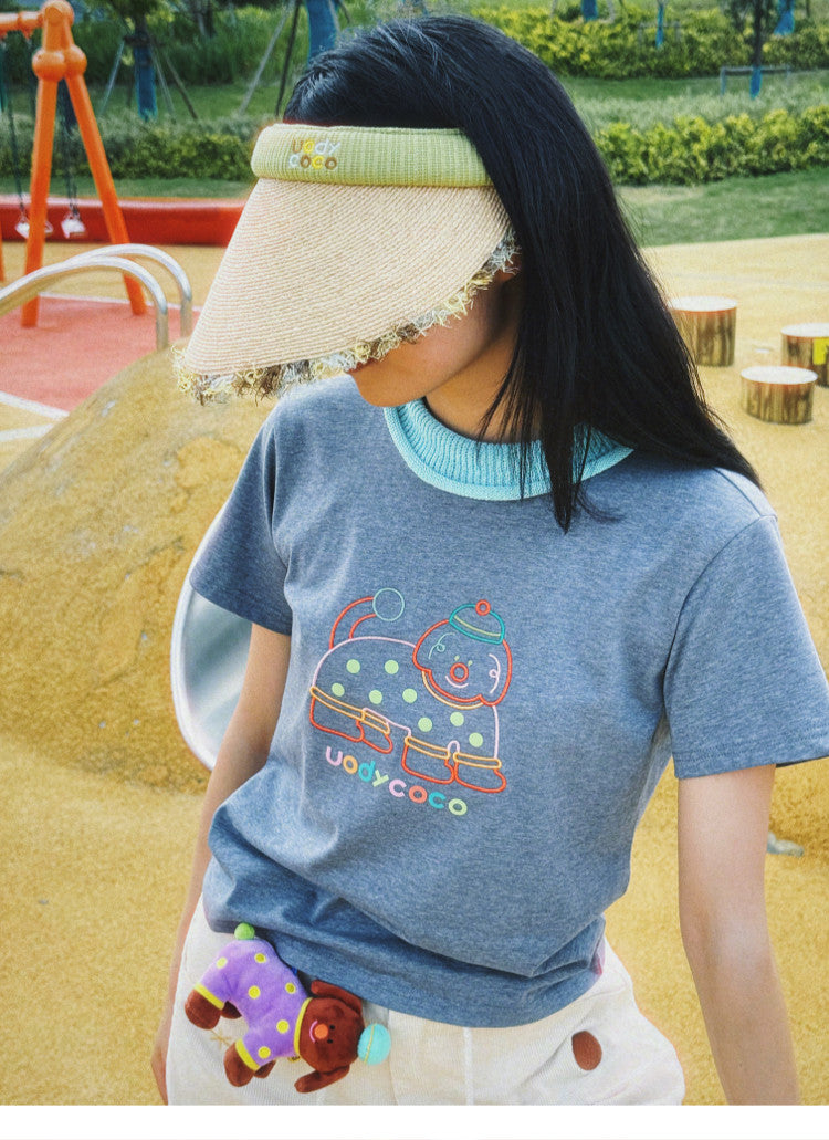 uodycoco – Embroidered Ribbed Collar T-Shirt tshirt uodycoco