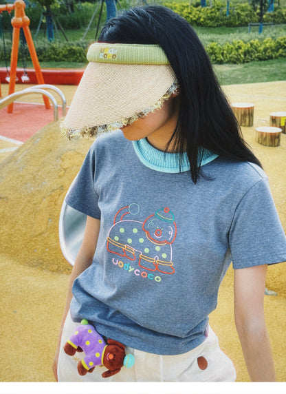 uodycoco – Embroidered Ribbed Collar T-Shirt tshirt uodycoco