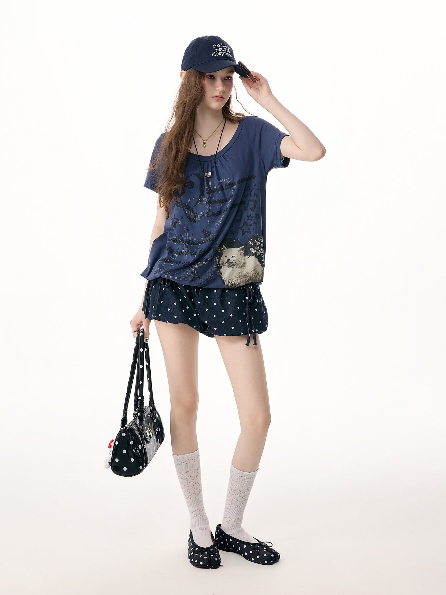 ziziFei - Blue Cat Print Drawstring Tee shirt ziziFei