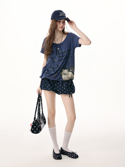 ziziFei - Blue Cat Print Drawstring Tee shirt ziziFei