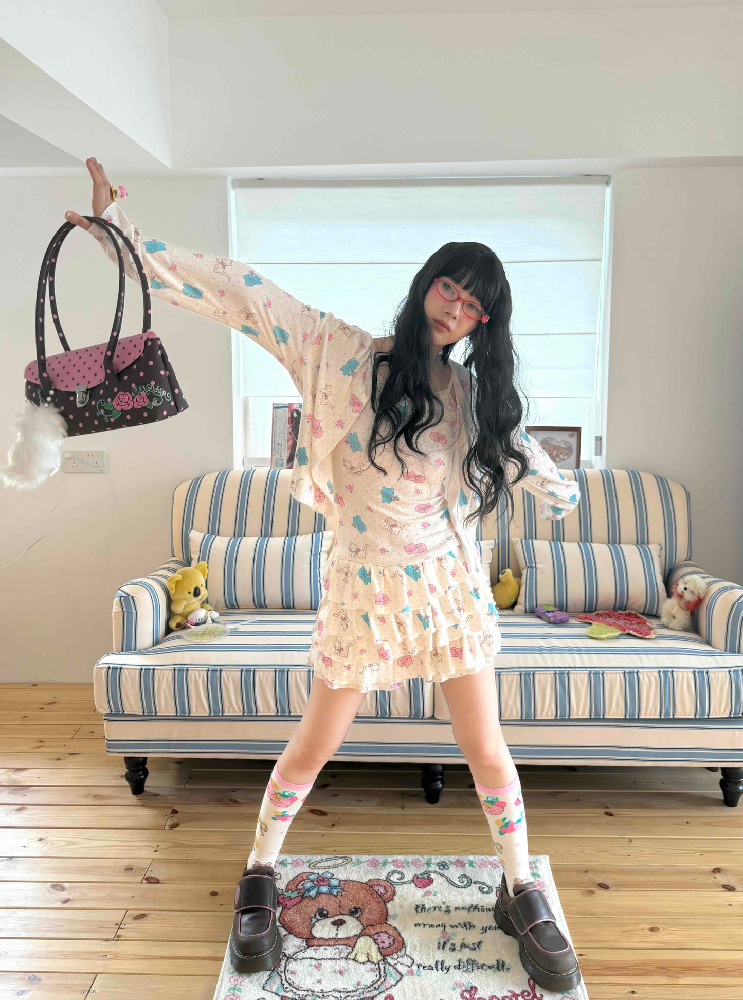 KaiXin Hostel - Cat Rose Print Cardigan Set set KaiXin hostel