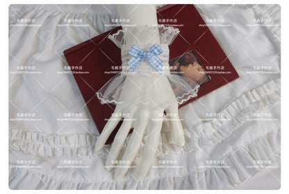 MaoJiang - Kawaii White Lace Bow Wrist Cuffs sleeves maojiang Blue Plaid Bow White Elastic Wrist Cuffs (Pair)