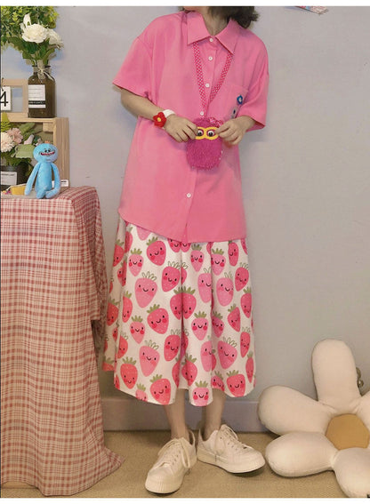 KURIOSITAET – Strawberry Print Pink Skirt skirt KURIOSITAET