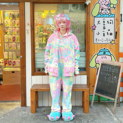 Rainbow Universe RUX - Pastel Macaron Decora Kei Varsity Jacket & Overalls Set set Rainbow Universe RUX Set (Regular Jacket & Overall) S
