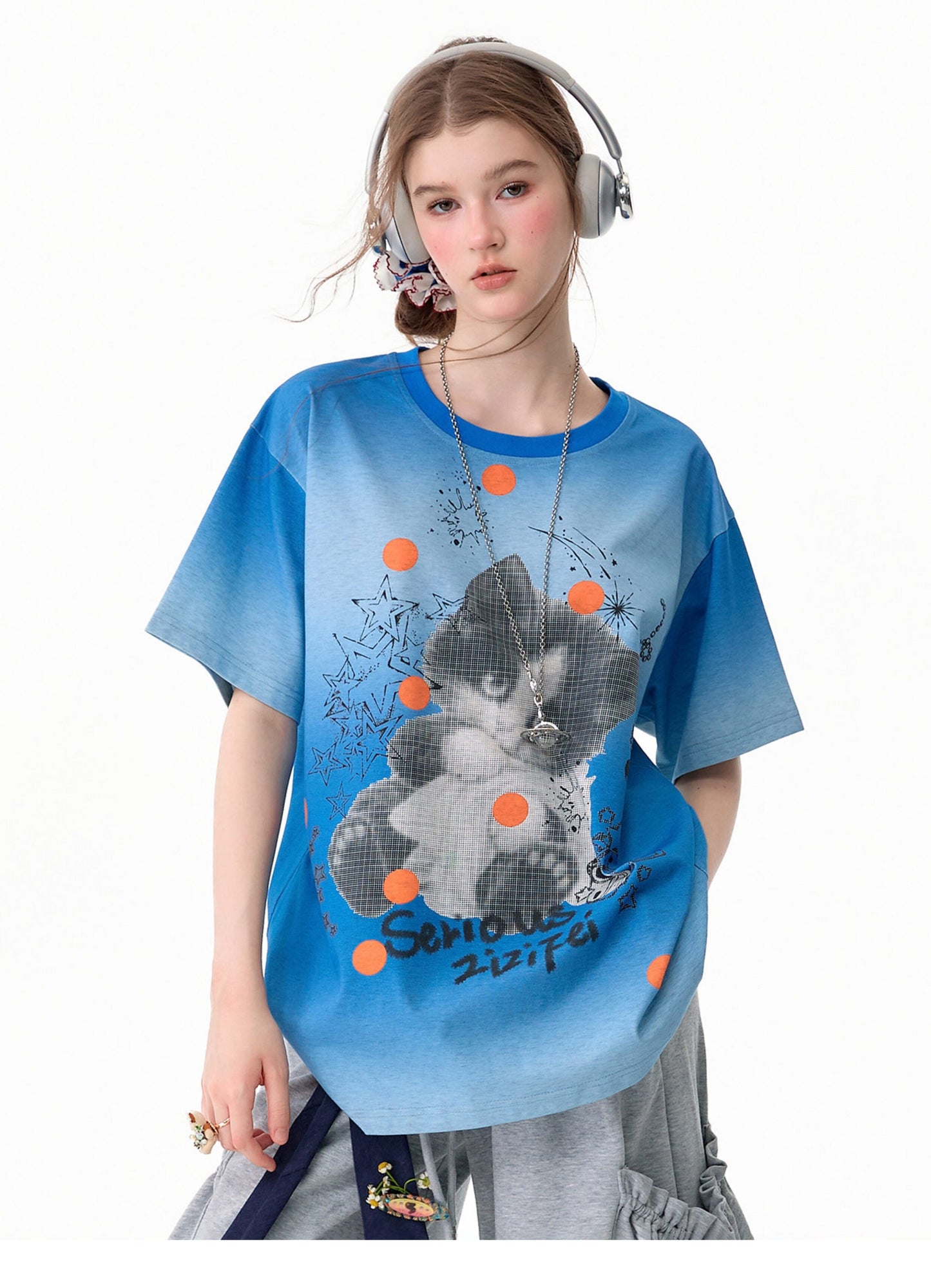 ziziFei - Gradient Cat Graphic T-Shirt tshirt ziziFei