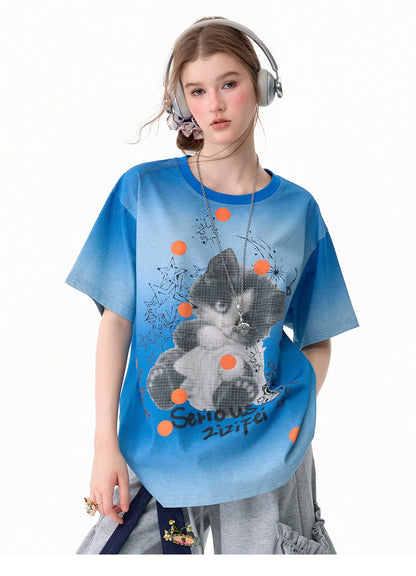 ziziFei - Gradient Cat Graphic T-Shirt tshirt ziziFei