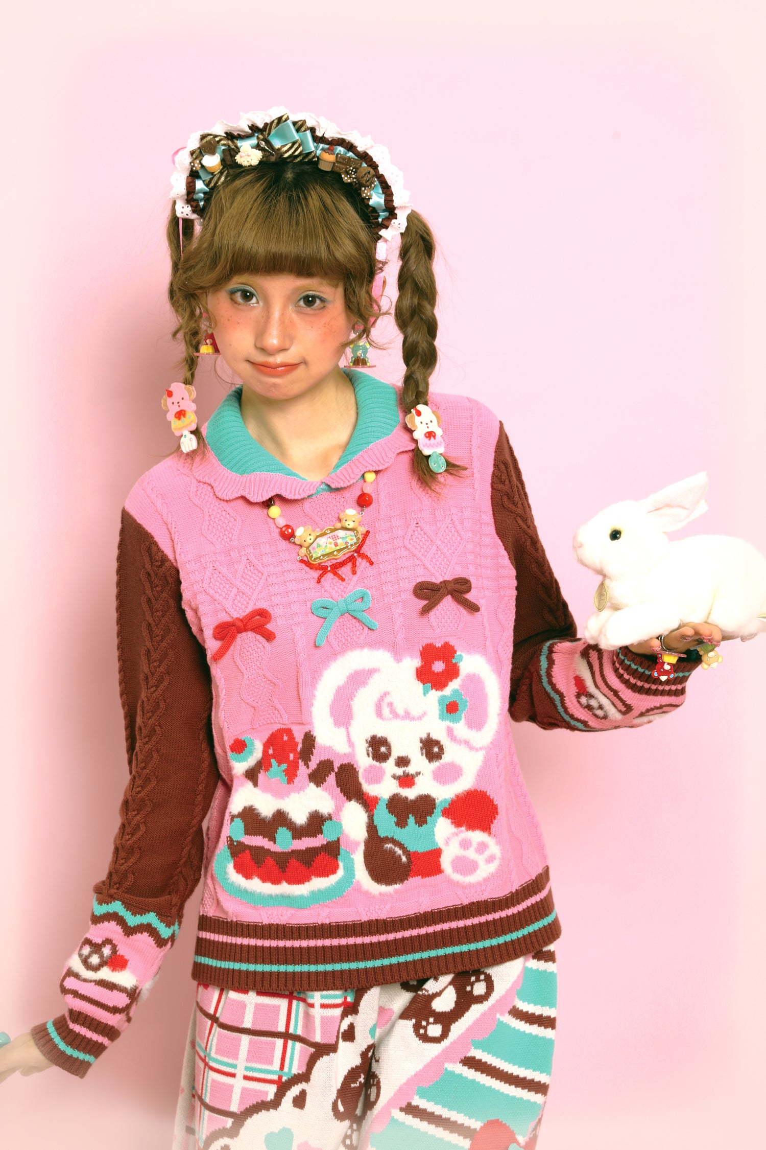 LutraJump - Kawaii Pink Bunny Cable Knit Sweater Cape sweater Lutra Jump