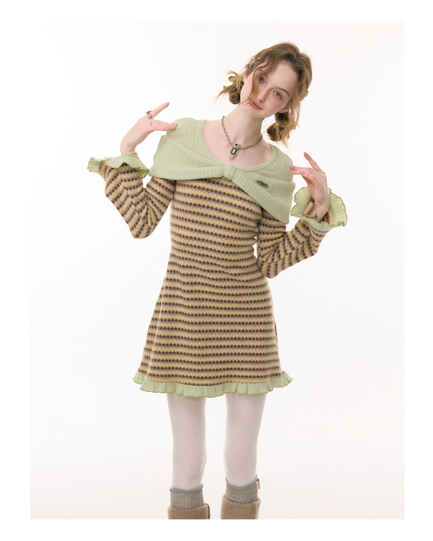 ziziFei - Girly Kei Bow Plaid Knit Ruffle Dress dress ziziFei
