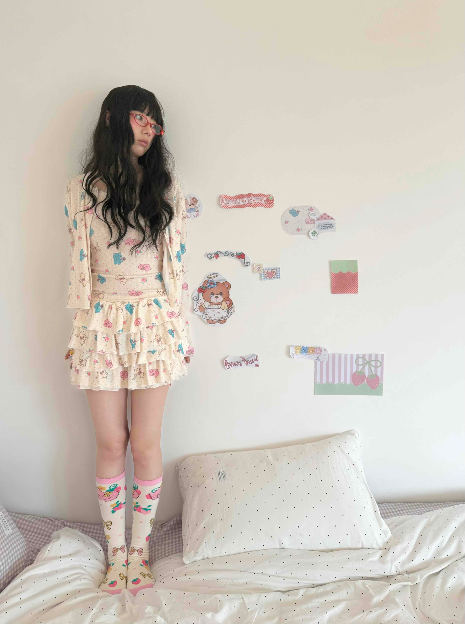 KaiXin Hostel - Cat Rose Print Cardigan Set set KaiXin hostel