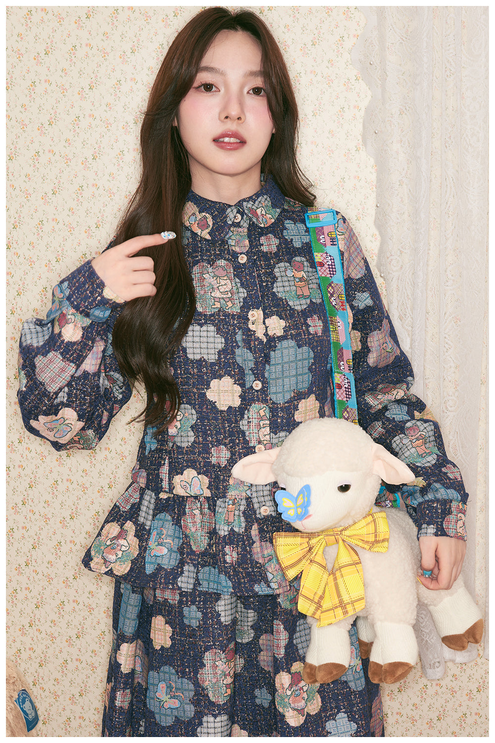 tntntutu - Woven Flower Teddy Illustration Tweed Shirt Jacket Pants Skirt Set set tntntutu