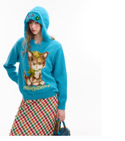 ziziFei – Girly Kei Blue Cat Knit Sweater sweater ziziFei