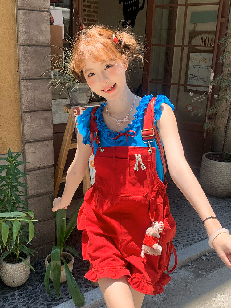 SINGSONG - Berry Bubble Colorblock Suspender Pants Set