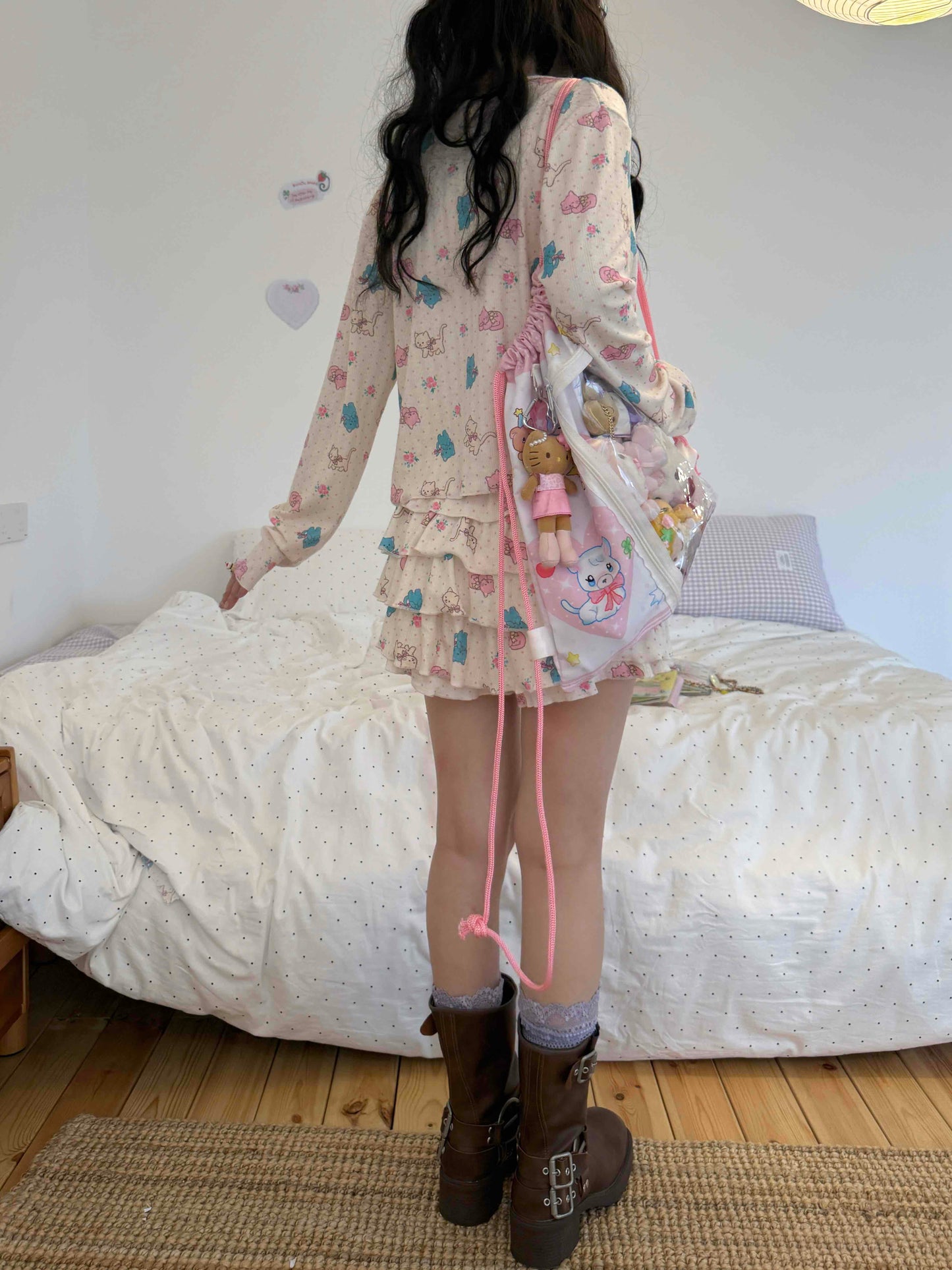 KaiXin Hostel - Cat Rose Print Cardigan Set set KaiXin hostel