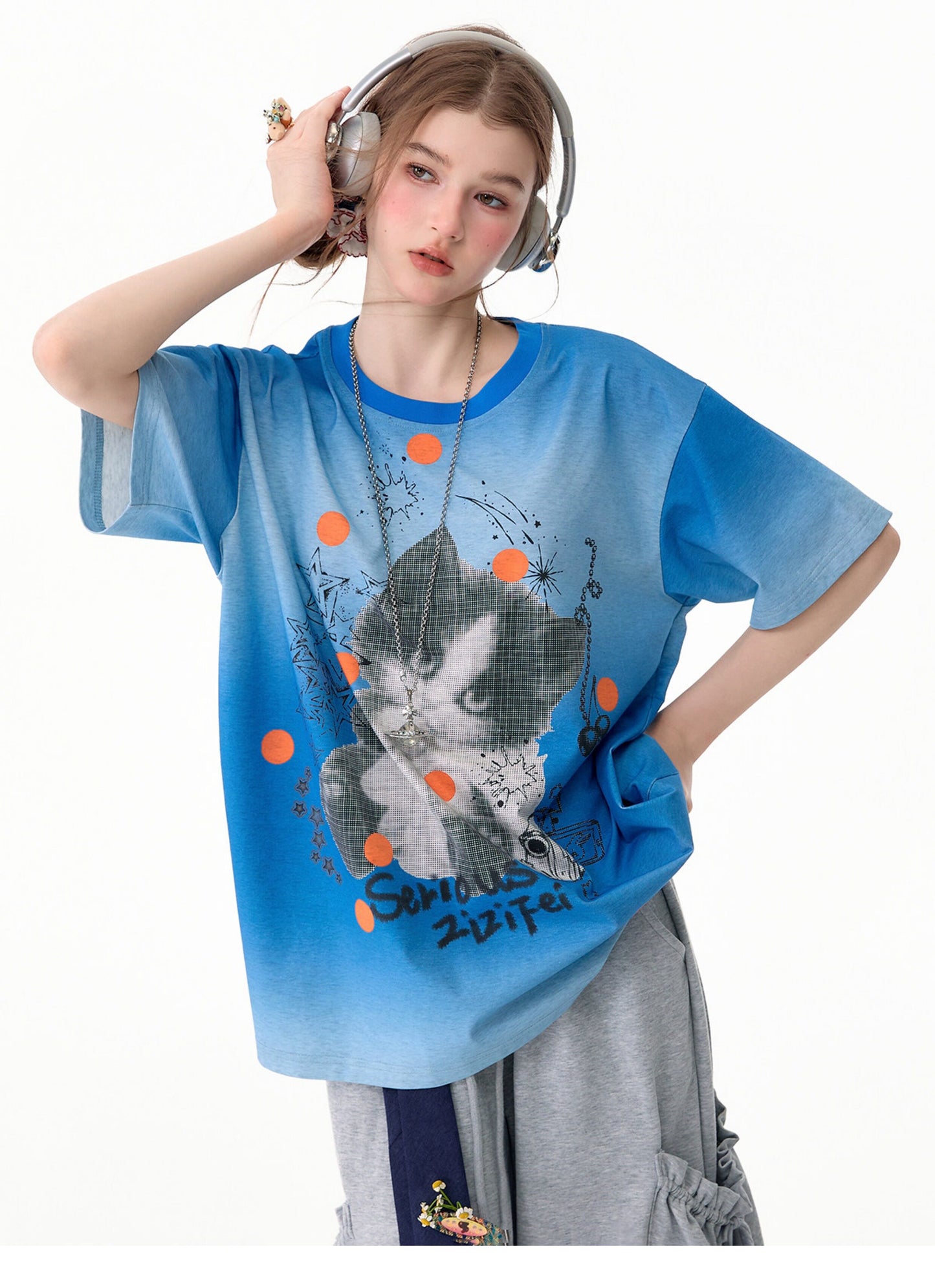 ziziFei - Gradient Cat Graphic T-Shirt tshirt ziziFei