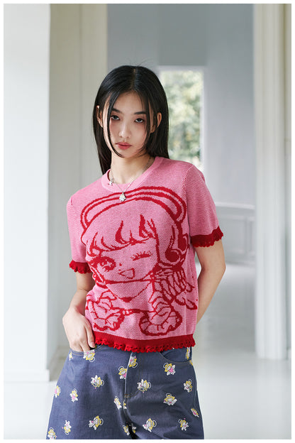tntntutu Two-Tone T-shirt | Envelope Angel Tee | Knitted Short Sleeve Top tshirt tntntutu