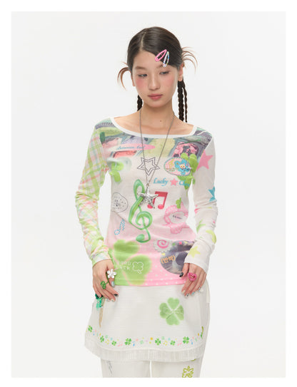 BETWEENAND - Lucky Note Print Long Sleeve Top shirt BETWEENAND