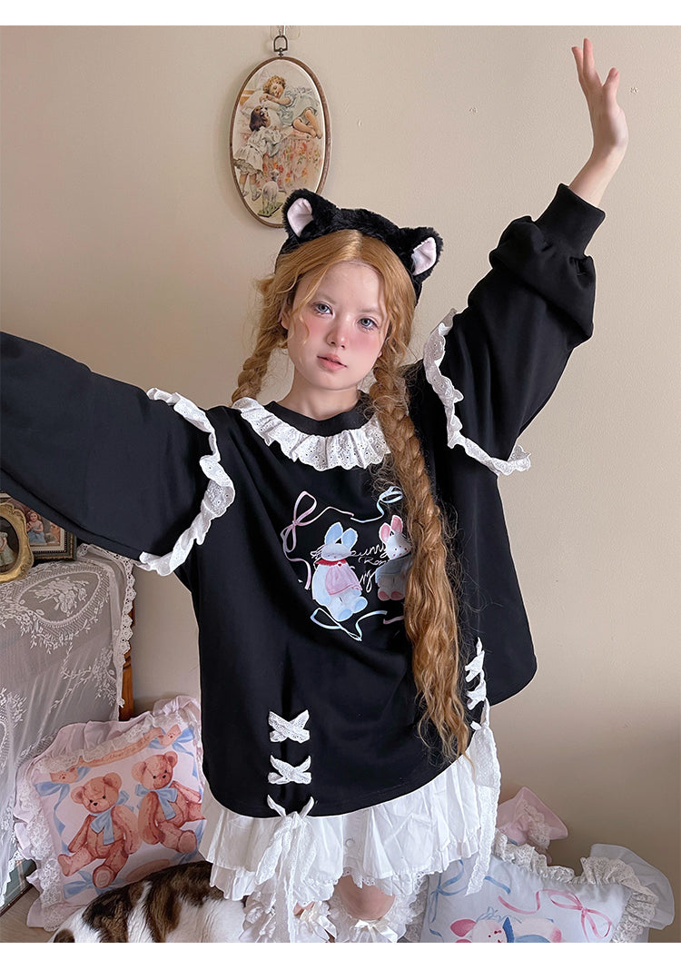 Labeau - Kawaii Ballet Bunny Lace Trim Ribbon Sweatshirt sweatshirt Labeau Black