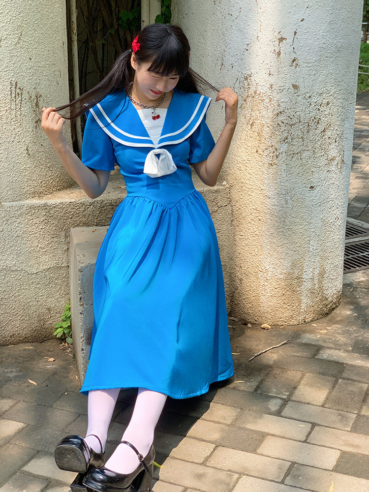 Nanjun Vintage - Blue Showa JK Puff Dress dress Nanjun Vintage